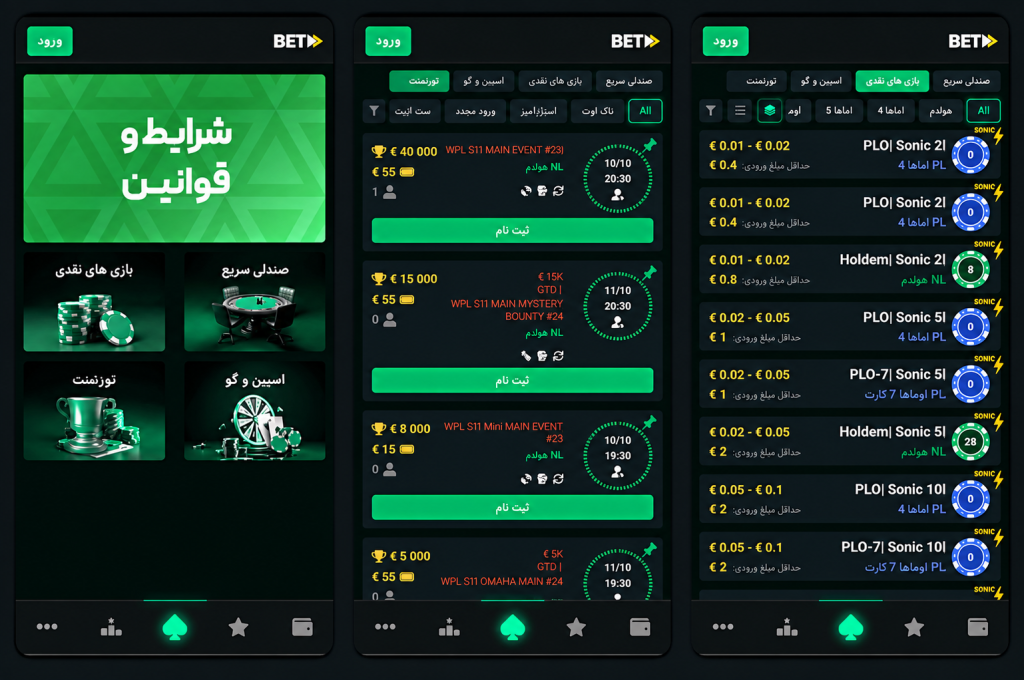 بخش پوکر BetForward در موبایل؛ بازی‌های نقدی و تورنمنت‌ها